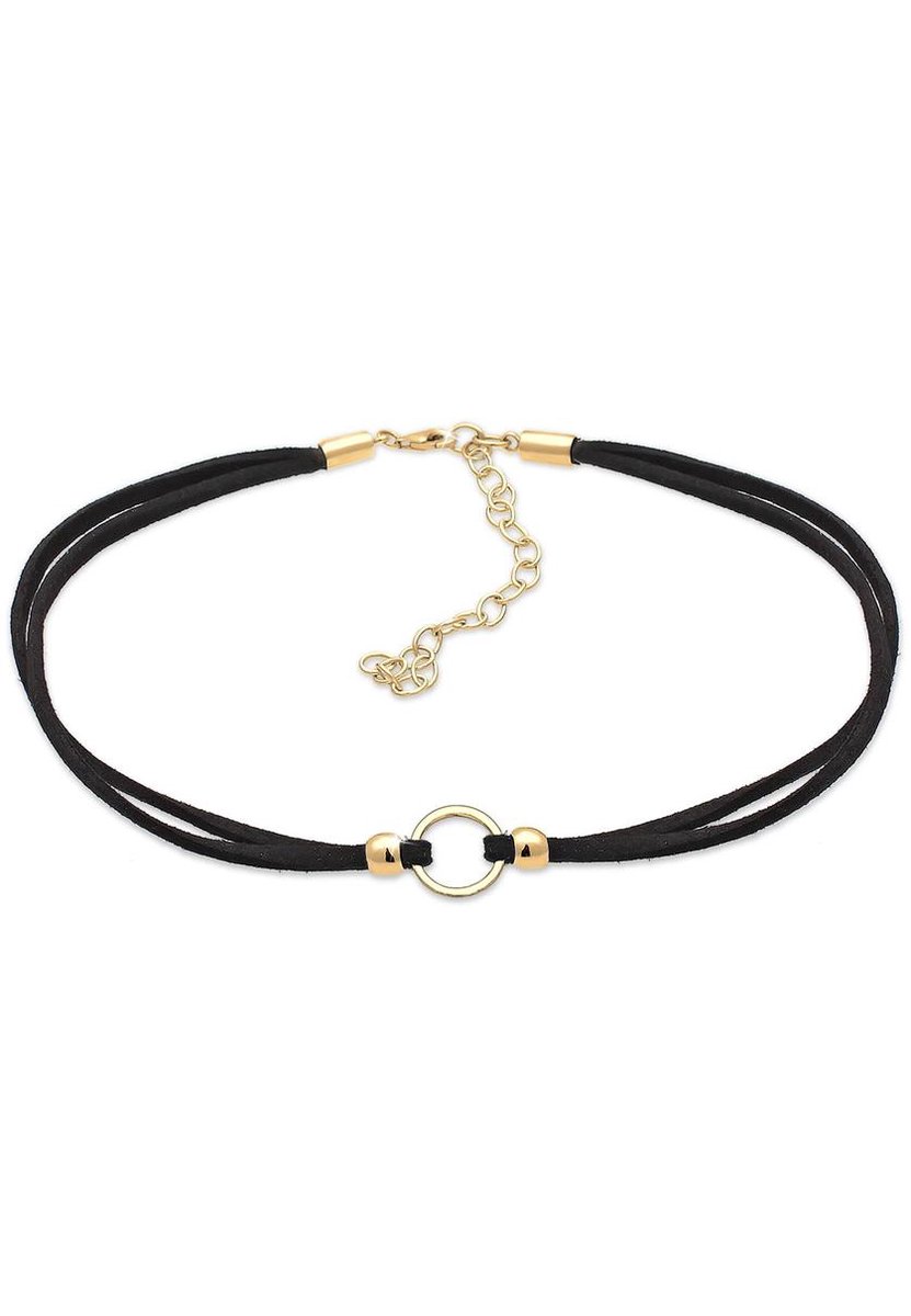 Elli - Halsketting - Dames Choker Trend Cirkel met Suède Zwart in 925 Sterling Zilver - Dames