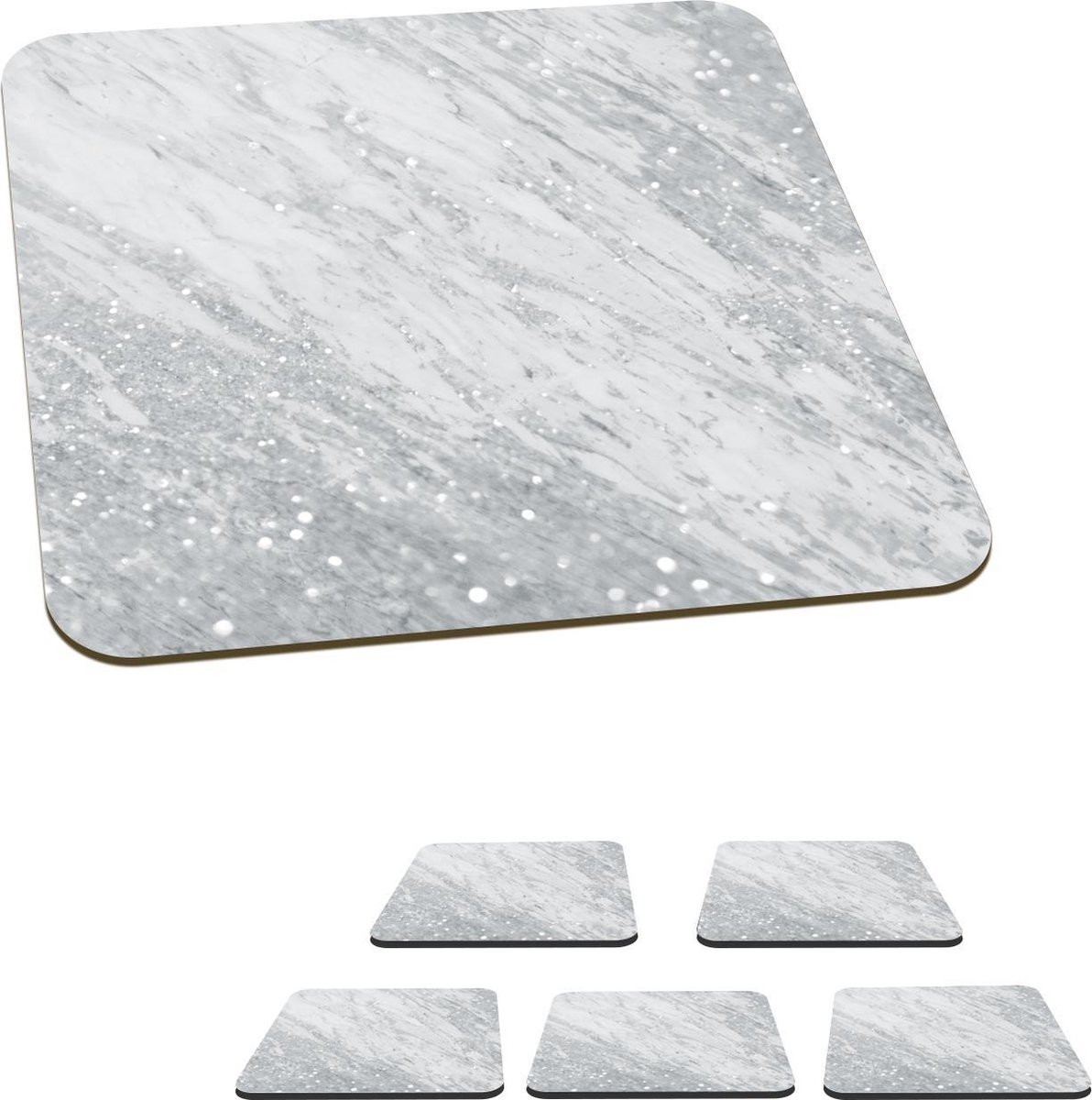 Onderzetters voor glazen - Marmer - Glitter - Zilver - 10x10 cm - Glasonderzetters - 6 stuks
