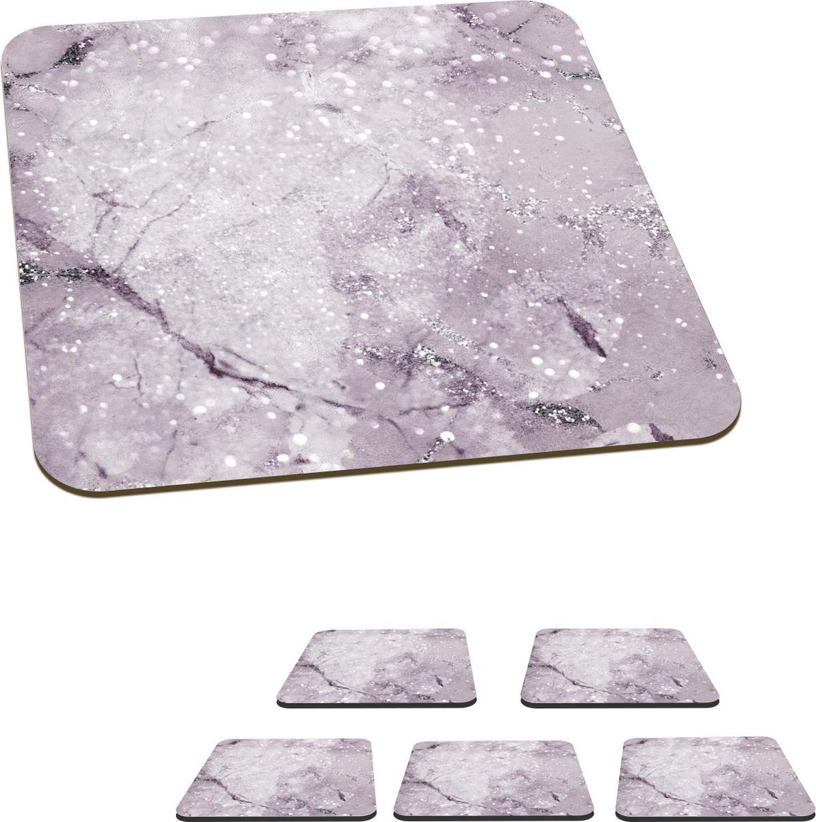 Onderzetters voor glazen - Marmer - Glitter - Paars - 10x10 cm - Glasonderzetters - 6 stuks