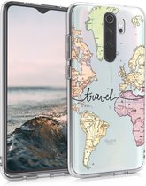 kwmobile telefoonhoesje voor Xiaomi Redmi Note 8 Pro - Hoesje voor smartphone in zwart / meerkleurig / transparant - Travel Wereldkaart design