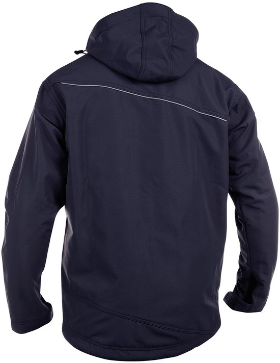 Donkerblauwe DASSY softshelljas, achterkant met diagonale reflecterende bies.