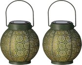 Set van 2x stuks solar lantaarn ijzer groen met cirkel patroon en hengsel 16 cm - Tuinlantaarns - Solarverlichting - Tuinverlichting