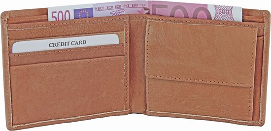 Bruine leren portemonnee open met pasjes en eurobiljetten.