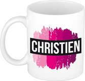 Christien  naam cadeau mok / beker met roze verfstrepen - Cadeau collega/ moederdag/ verjaardag of als persoonlijke mok werknemers