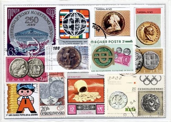 Thumbnail van een extra afbeelding van het spel Munten – Luxe postzegel pakket (A6 formaat) : collectie van 25 verschillende postzegels van munten – kan als ansichtkaart in een A6 envelop - authentiek cadeau - kado - geschenk - kaart - verzameling - munt - coin - importa - collectie - valuta