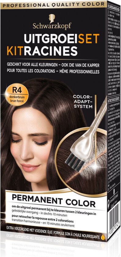 Schwarzkopf uitgroeiset R4 donkerbruin met donkerbruin haarmodel en een kwastje met product.