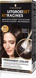Schwarzkopf uitgroeiset R4 donkerbruin met donkerbruin haarmodel en een kwastje met product.