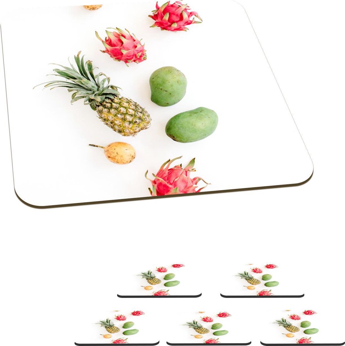 Onderzetters voor glazen - Tropisch - Roze - Fruit - 10x10 cm - Glasonderzetters - 6 stuks