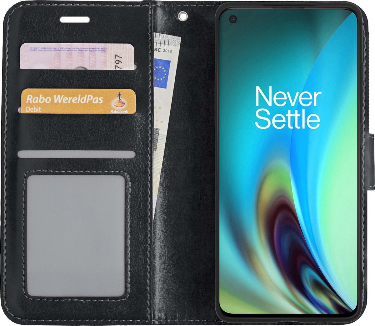 Hoes - Met Pasjeshouder - Geschikt voor OnePlus Nord 2 - Luxe Bookcase Portemonee - Flip Case - Kunstleer Book Case - Flipcase - Book Cover - Walletcase - PortemonneeHoes - Zwart