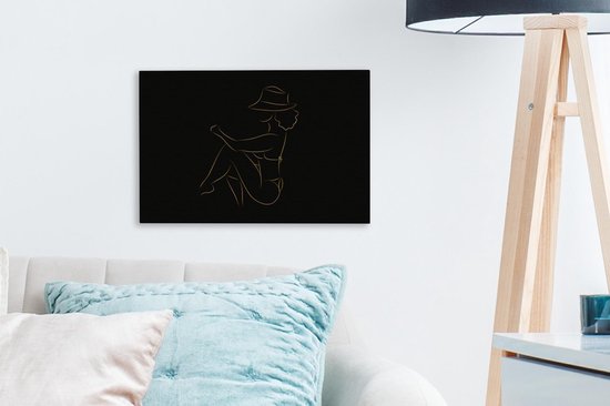Toile Peinture Femme - Chapeau - Or - Dessin au Line - 30x20 cm - Décoration murale
