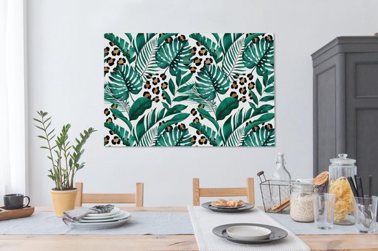 Canvas schilderij 140x90 cm - Wanddecoratie Tropisch - Panterprint - Wit - Muurdecoratie woonkamer - Slaapkamer decoratie - Kamer accessoires - Schilderijen