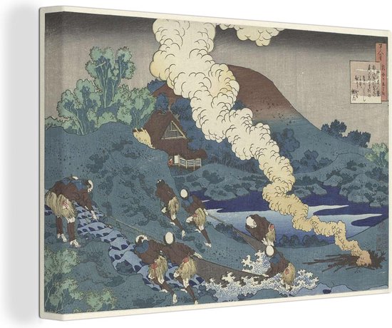 Canvas Schilderij Vissers die een net binnen halen - Schilderij van Katsushika Hokusai - 90x60 cm - Wanddecoratie