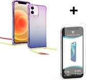 ShieldCase Hoesje met koord geschikt voor Apple iPhone 12 Mini - 5.4 inch - paars/blauw + glazen Screen Protector