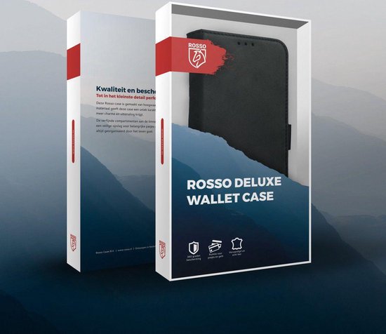 Verpakking van de 'Rosso Deluxe Wallet Case'. Zwarte hoes in doorzichtige verpakking met productinformatie.