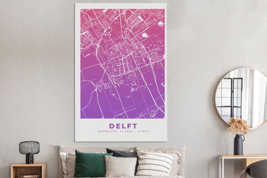 Tableau sur Toile City Map - Delft - Violet - 120x180 cm - Décoration murale XXL