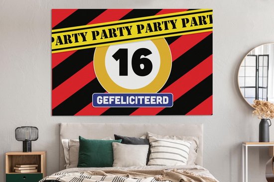 Canvas schilderij 150x100 cm - Wanddecoratie Verjaardag - 16 Jaar - Jubileum - Muurdecoratie woonkamer - Slaapkamer decoratie - Kamer accessoires - Schilderijen