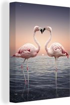 Canvas Schilderij Flamingo - Hart - Zee - Romantisch - 30x40 cm - Wanddecoratie