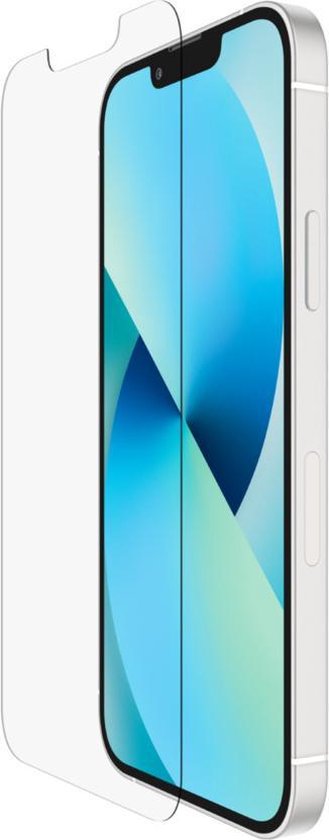 iPhone 13 Pro met een blauwe wallpaper en een screenprotector erop, zicht op de zijkant.