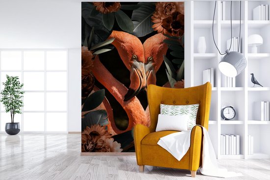 Deux flamants roses entre les feuilles et les fleurs 160x240 cm