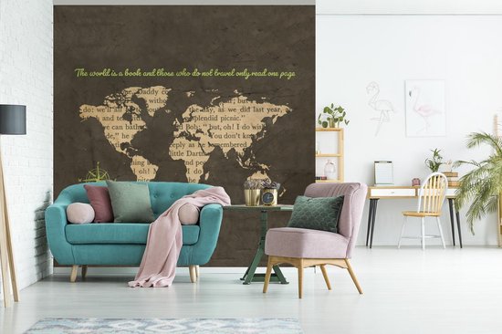 Behang - Fotobehang Wereldkaart - Letters - Windroos - Breedte 280 cm x hoogte 280 cm