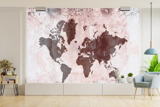 Carte du monde rouge foncé avec un motif gris dessus, décorée d'illustrations de fleurs 390x260 cm