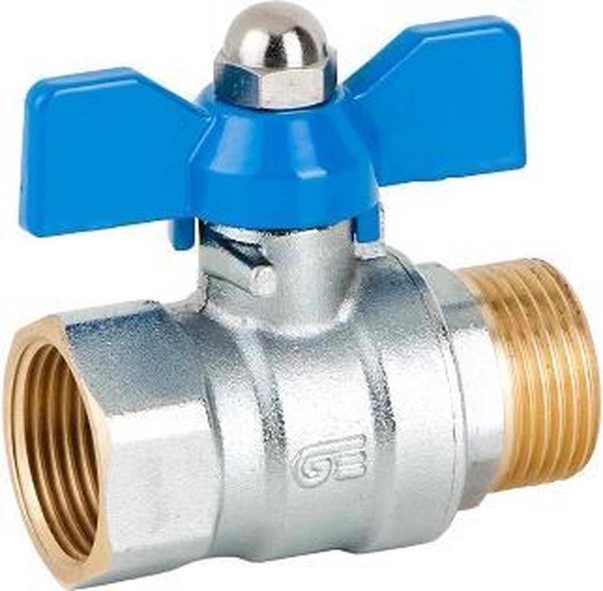 Genebre - messing - kogelkraan - 1" - bi. x bu.dr. - zware uitvoering - type 3036 - volle doorlaat - PN 25 - met vlinder - handgreep