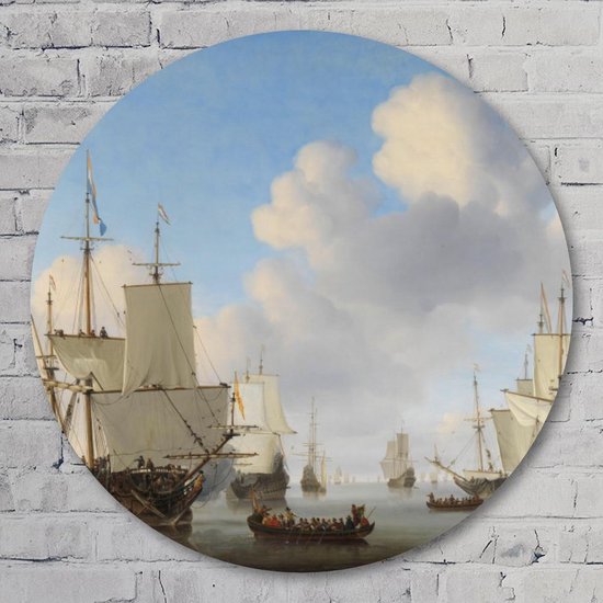 Muurcirkel ⌀ 60 cm - Hollandse schepen op een kalme zee - Willem van de Velde (II) - ca. 1665 - Aluminium Dibond - Voertuigen - Rond Schilderij - Wandcirkel - Wanddecoratie