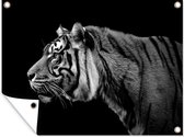 Tuin decoratie Zijaanzicht van een tijger op een zwarte achtergrond - zwart wit - 40x30 cm - Tuindoek - Buitenposter