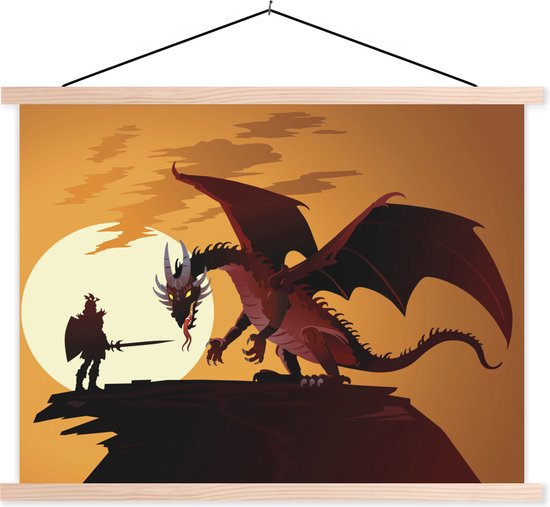 Posterhanger incl. Poster 40x30 cm - Schoolplaat - Illustratie van een draak en een ridder bij zonsondergang - Textielposter - Blanke latten