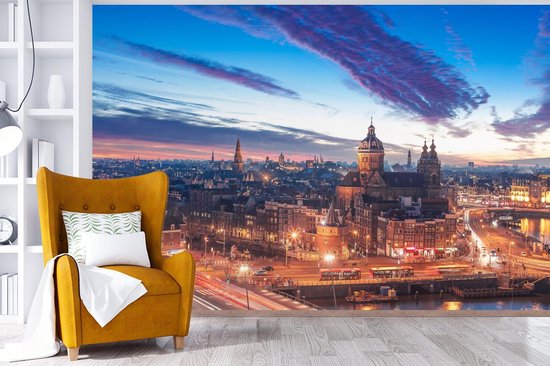 Papier peint - Papier peint photo peint Skyline Amsterdam - Nuit - Largeur 360 cm x Hauteur 240 cm