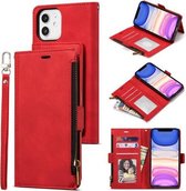 Side Zipper Back Card Horizontale Flip PU Lederen Case met Kaartsleuven & Portemonnee & Fotolijst & Lanyard Voor iPhone 12 mini (Rood)