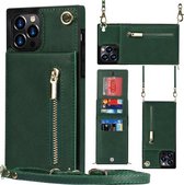 Cross-body Rits Vierkante TPU + PU Achterkant Case met Houder & Kaartsleuven & Portemonnee & Riem Voor iPhone 12 Pro Max (Groen)