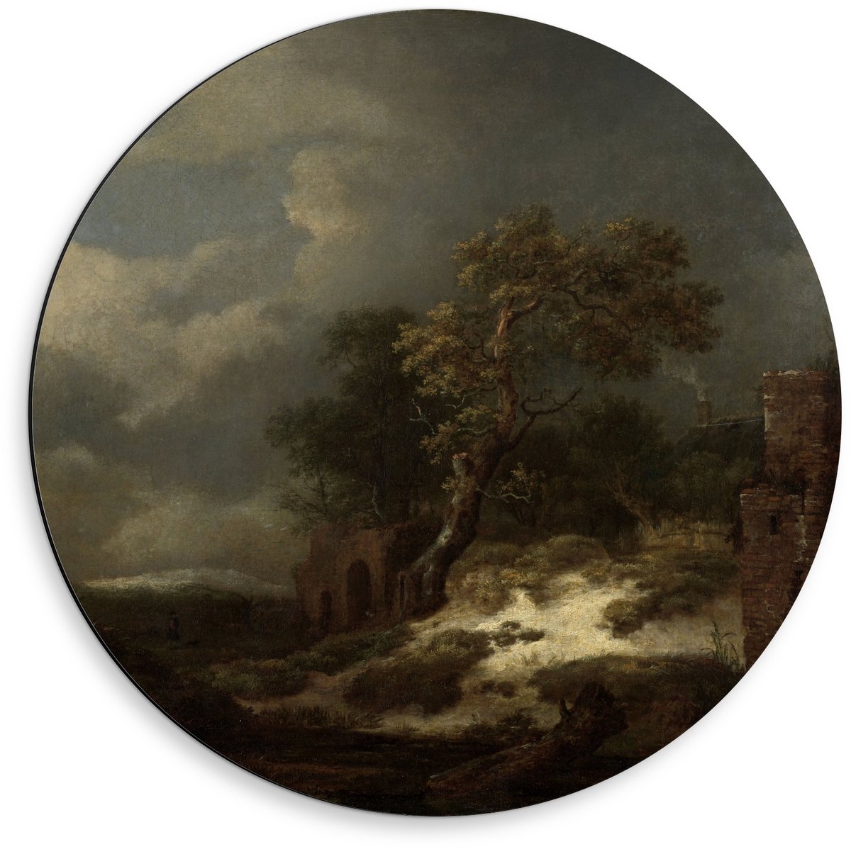 KuijsFotoprint Dibond Wandcirkel - Oude Meesters - Landschap met ruïnes, Jacob Isaacksz van Ruisdael - 50x50cm Foto op Aluminium Wandcirkel (met ophangsysteem) Groen