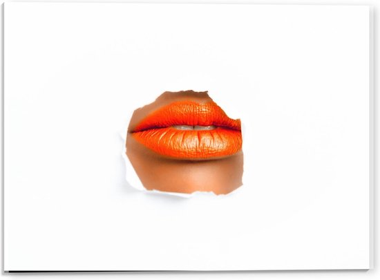 Acrylglas - Oranje gesloten Lippen door Papier - 40x30cm Foto op Acrylglas (Met Ophangsysteem)