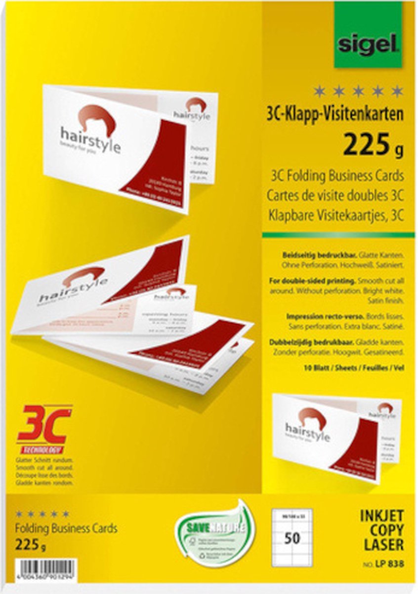 Sigel visitekaartjes wit 180x55mm 225 gram 50 stuks