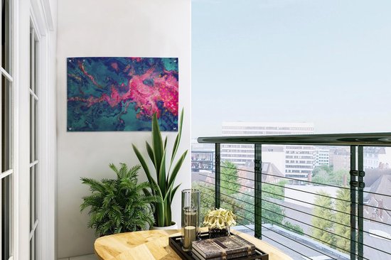 Tuinposter 60x40 cm - Tuindecoratie Marmer - Verf - Roze - Blauw - Poster voor in de tuin - Buiten decoratie - Schutting tuinschilderij - Tuindoek muurdecoratie - Wanddecoratie balkondoek