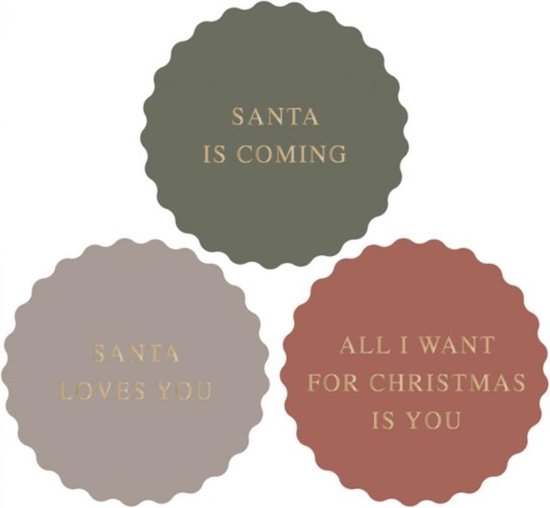 Foto: Sluitzegel xxl kartelrand christmas teksten goud glans kerst santa is coming santa loves you all i want for christmas is you rood grijs groen envelop sticker bedankje cadeau gift cadeauzakje traktatie dh collection