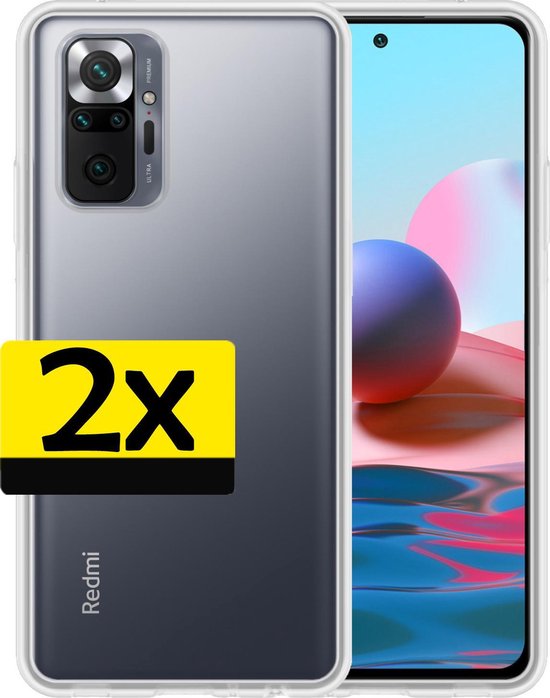 Téléphone gris Xiaomi Redmi Note 10 Pro avec une coque transparente et un autocollant '2x'.