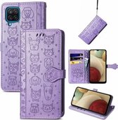 Voor Galaxy A12 Leuke Kat en Hond Reliëf Horizontale Flip Lederen Case met Houder & Kaartsleuven & Portemonnee & Lanyard (Paars)