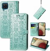 Voor Galaxy A12 Leuke Kat en Hond Reliëf Horizontale Flip Lederen Case met Houder & Kaartsleuven & Portemonnee & Lanyard (Groen)