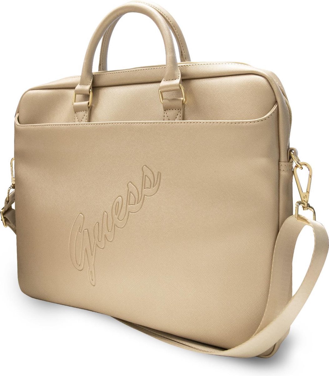 Guess Saffiano Vintage Script Laptop Tas - 15 en 16 inch Goud