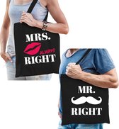 Bruiloft cadeau Mr Right en Mrs always Right tasje voor volwassenen - Huwelijk cadeau koppel tasjes