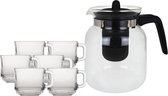 Glazen theepot met filter/infuser van 1,5 liter met 6x stuks theeglazen van 220 ml