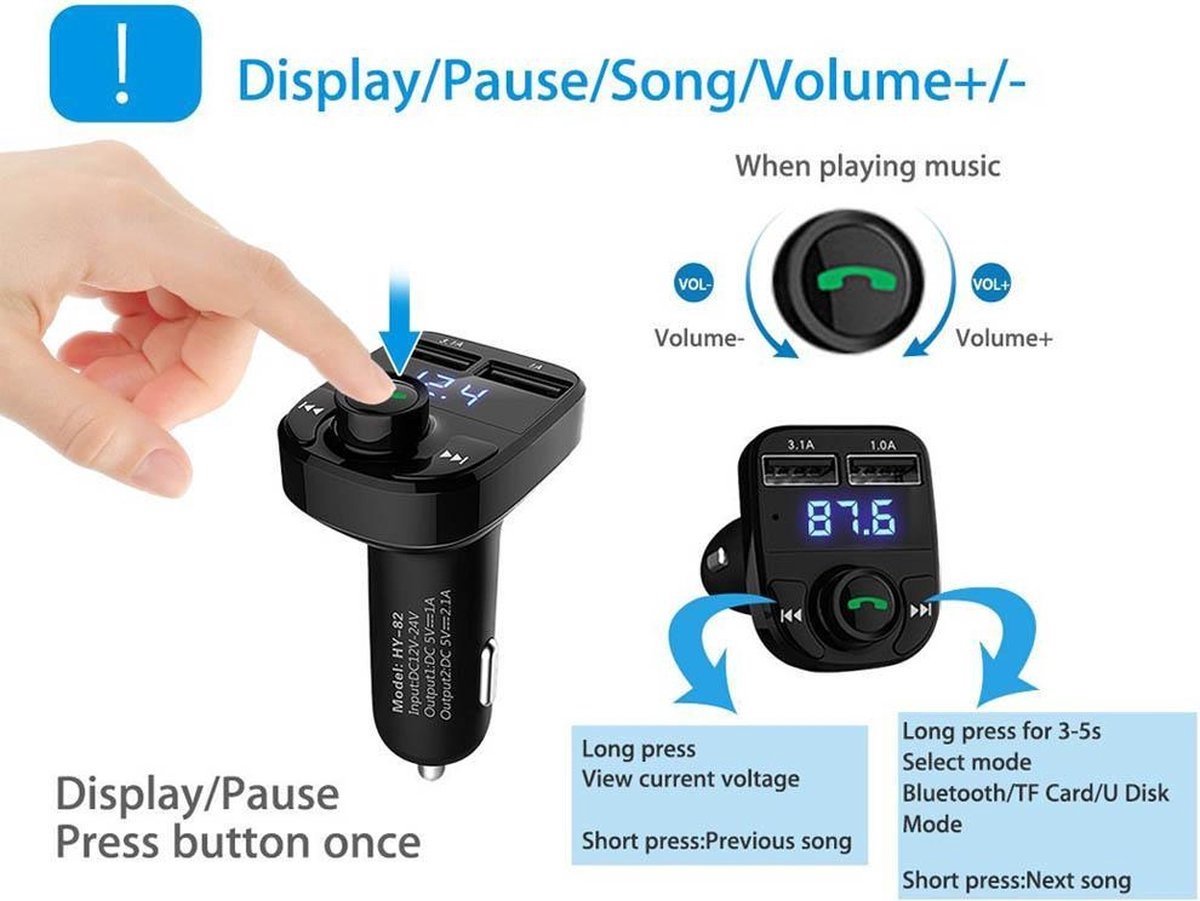 X8 Bluetooth FM Transmitter BLUETOOTH MUZIEK STREAMEN 2x USB laden