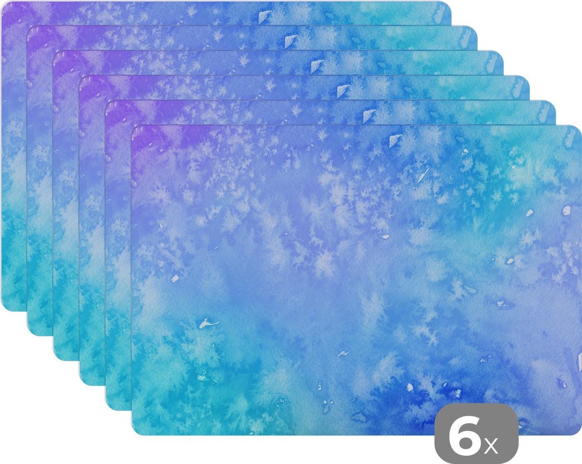Placemat - Placemats kunststof - Waterverf - Blauw - Paars - Lichtblauw - 45x30 cm - 6 stuks - Hittebestendig - Anti-Slip - Onderlegger - Afneembaar