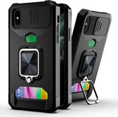 Sliding Camera Cover Design PC + TPU schokbestendig hoesje met ringhouder en kaartsleuf voor iPhone XS / X (zwart)