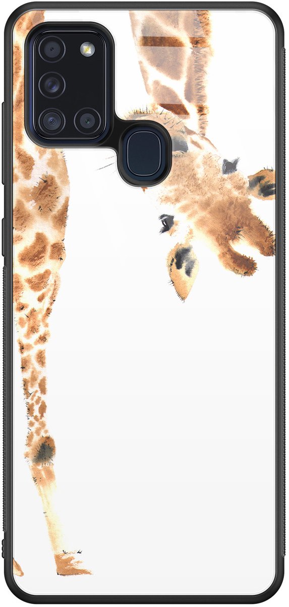 Hoesje geschikt voor Samsung Galaxy A21s - Giraffe - Luxe Glazen Hardcase - Giraffe - Bruin