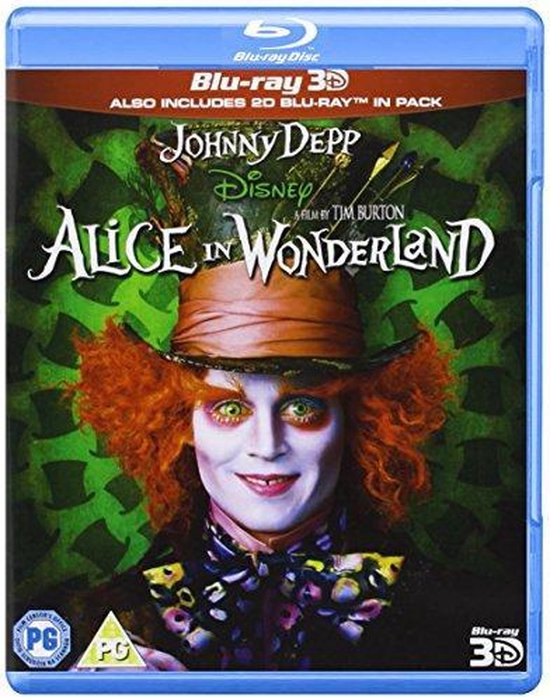 Johnny Depp als de Gekke Hoedenmaker, met een hoge hoed en oranje haar, op de voorkant van een Alice in Wonderland Blu-ray hoesje.