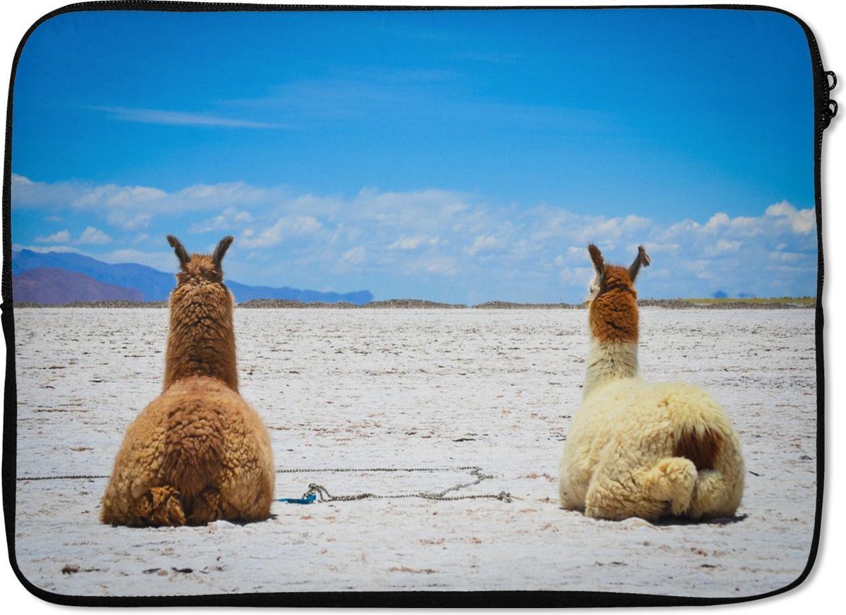 Laptophoes 14 inch - Lama - Dieren - Zand - Laptop sleeve - Binnenmaat 33x23 cm - Zwarte achterkant
