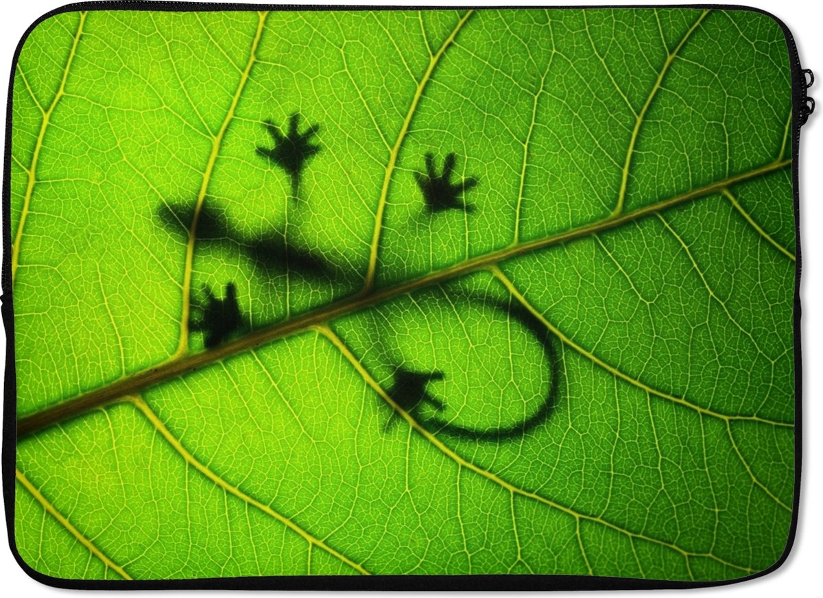 Laptophoes 14 inch - Gekko op groen blad - Laptop sleeve - Binnenmaat 33x23 cm - Zwarte achterkant